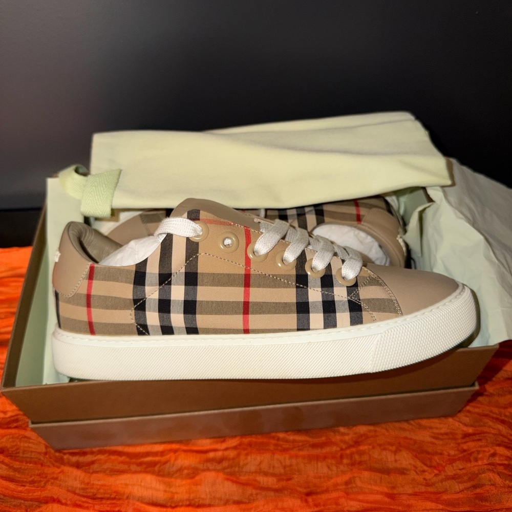 Burberry Beige and Black Plaid Sneakers